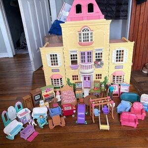 Vintage Fisher-Price Pink & Yellow Dollhouse Grand Mansion with Furniture
